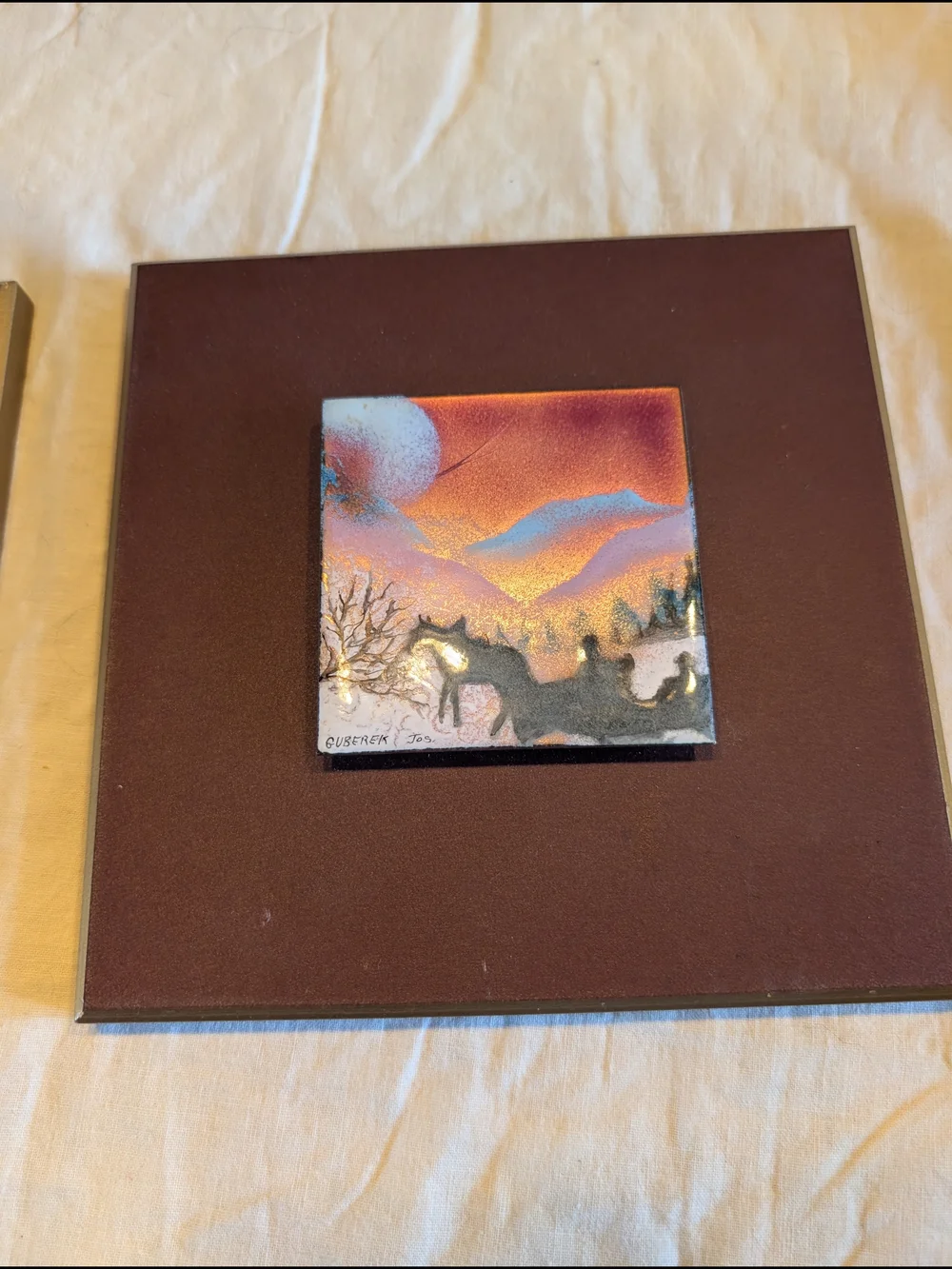 2/50$ Vintage Brown Framed Dual Mini Landscape Enamel On Copper Wall Art - Picture 3 of 6